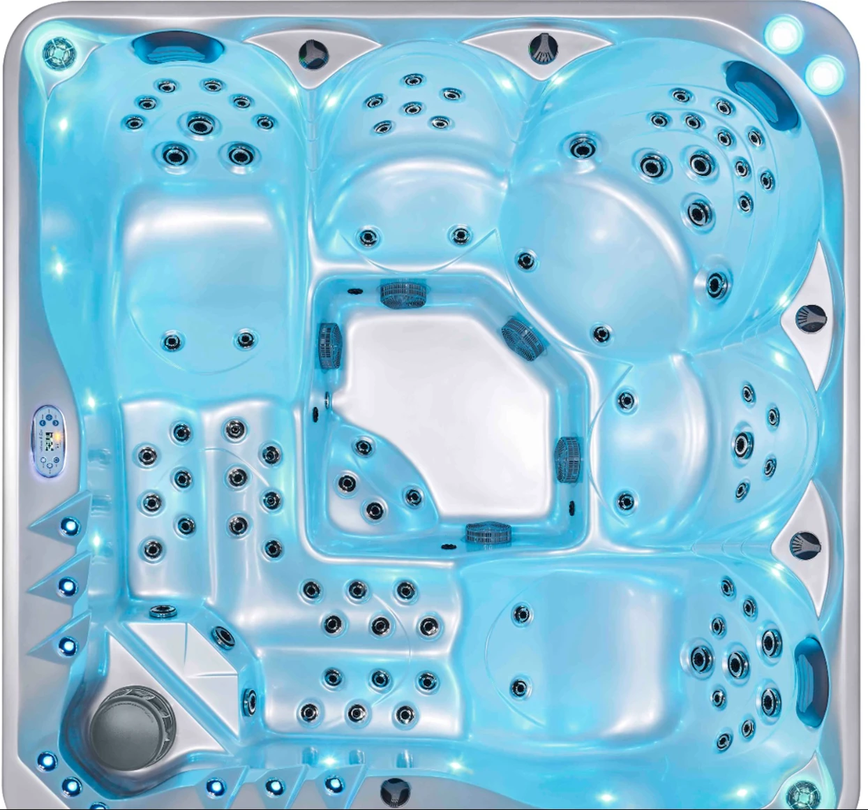 Genting 5 person spa top-down view with blue lighting